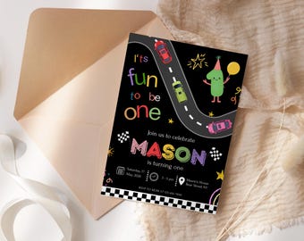 Race Car First Birthday Invitation, Fun To Be One Boy Party Invite (Digital Download)