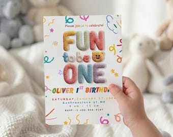 Fun To Be One Boy Birthday Invitation, 1st Boys Birthday Invite, Canva Template.