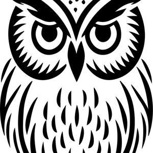 May include: Black and white illustration of an owl with a stylized design. The owl has large, round eyes and a detailed pattern on its feathers.