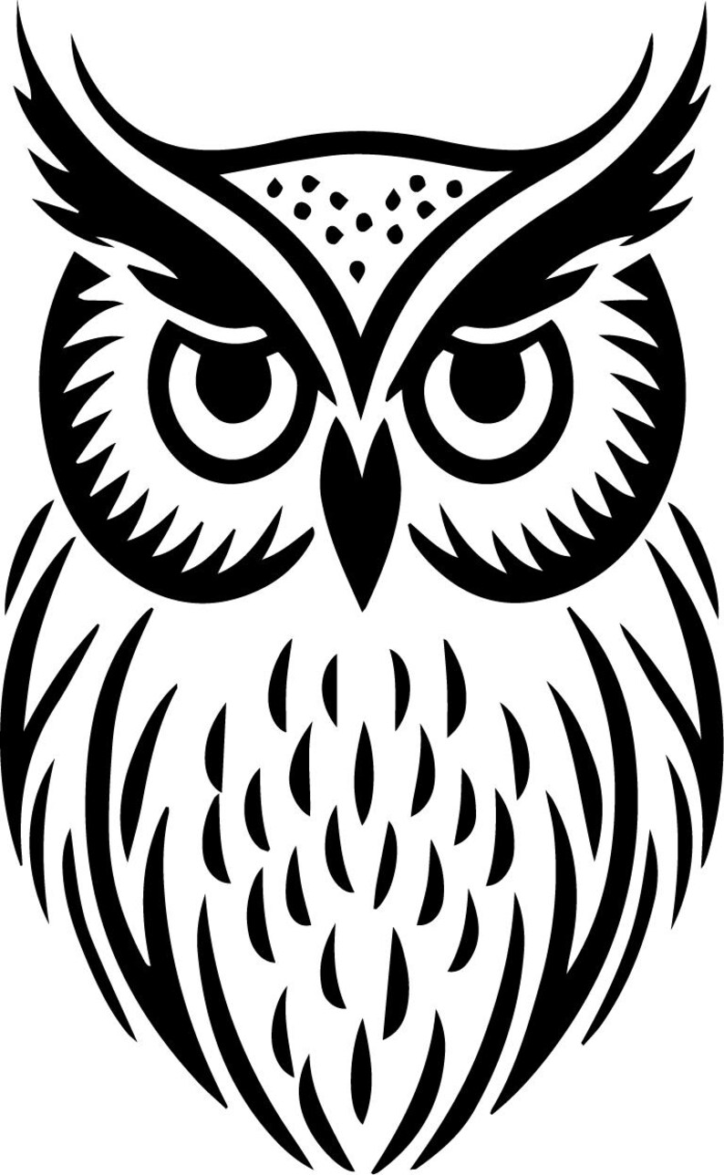 May include: Black and white illustration of an owl with a stylized design. The owl has large, round eyes and a detailed pattern on its feathers.