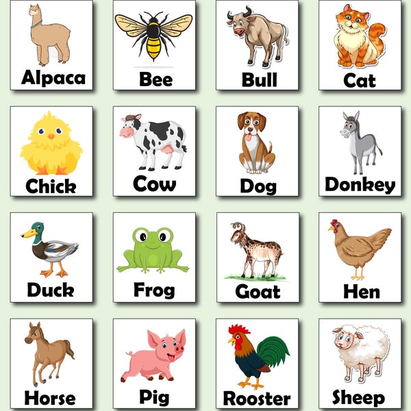 16 Farm Animals Flash Cards, Montessori flashcards, Educational Cards,  INSTANT DOWNLOAD