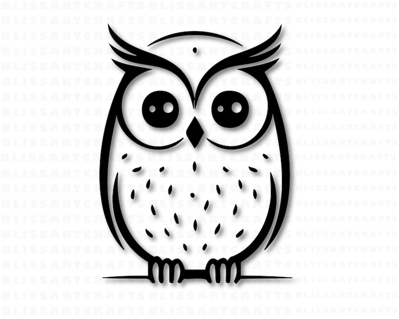 May include: Black and white line art illustration of an owl with large round eyes. The owl is perched on a branch.