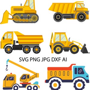 Könnte beinhalten: Ein Set aus fünf gelben Baufahrzeugen, darunter ein Bulldozer, ein Kipplaster, ein Kran und zwei weitere LKW. Die Fahrzeuge sind alle im Cartoon-Stil gehalten und haben schwarze Räder.