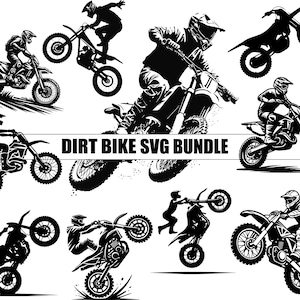 Può includere: Un pacchetto SVG in bianco e nero con varie illustrazioni di moto da cross. I disegni mostrano i piloti in azione, che eseguono acrobazie e guidano su diversi terreni. Il testo "DIRT BIKE SVG BUNDLE" è incluso.
