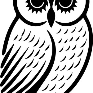May include: Black and white silhouette of an owl with large eyes and detailed feathers.