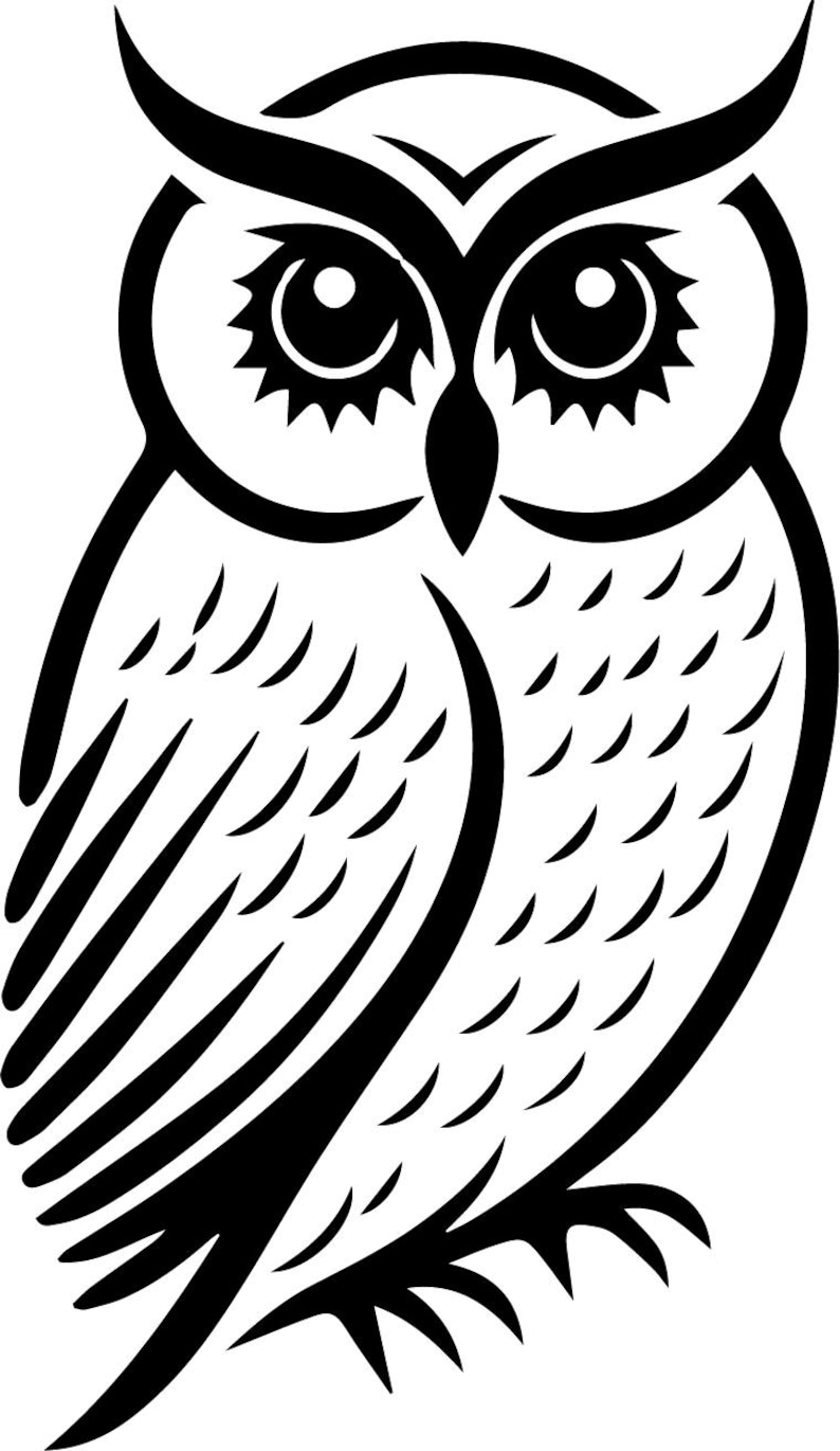 May include: Black and white silhouette of an owl with large eyes and detailed feathers.