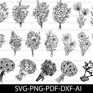 Pacote svg de buquê | flores svg png desenhado à mão | floral svg | flores silvestres svg | buquê minimalista svg | botânico svg | plantas de campo svg