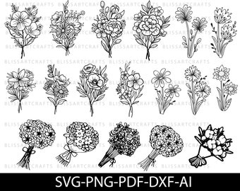 Blumenstrauß svg Bündel | Blumen svg png handgezeichnet | Blumen svg | Wildblumen svg | minimalist Blumenstrauß svg | botanischer svg | Feldpflanzen svg