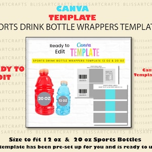Sports Drink Bottle Label Template: 12oz & 20oz Canva Wrappers (Digital Download)
