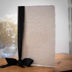 May include: A white, textured book with a black ribbon tied around it. The book has the word "Speeches" embossed on the front cover.