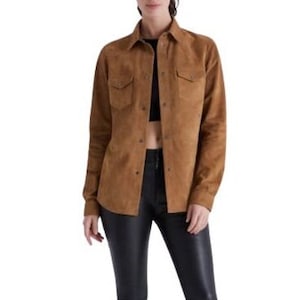 Suede Leather Jacket/ Brown Suede Leather Shirt Women/ Sueded Jacket/