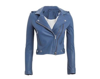 Women Blue Leather Motorcycle Jacket/ Blue Leather Winter Jacket/ Crop Jacket Women/ Christmas Gift/