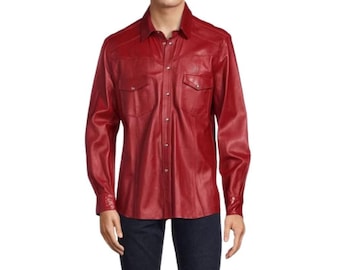 Men's Red Leather Shirt: Vintage Steampunk Biker Style