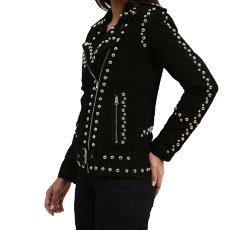Suede Studded Jacket/ Women Black Suede Punk Silver Long Spiked Leather