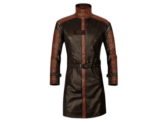 Mens Brown Leather Military Trench Coat/ Handmade Cosplay Halloween Coat/ Video Game Jacket/