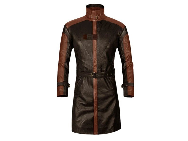 May include: A long brown and black leather coat with a high collar and a belt. The coat has a zipper closure and two pockets.