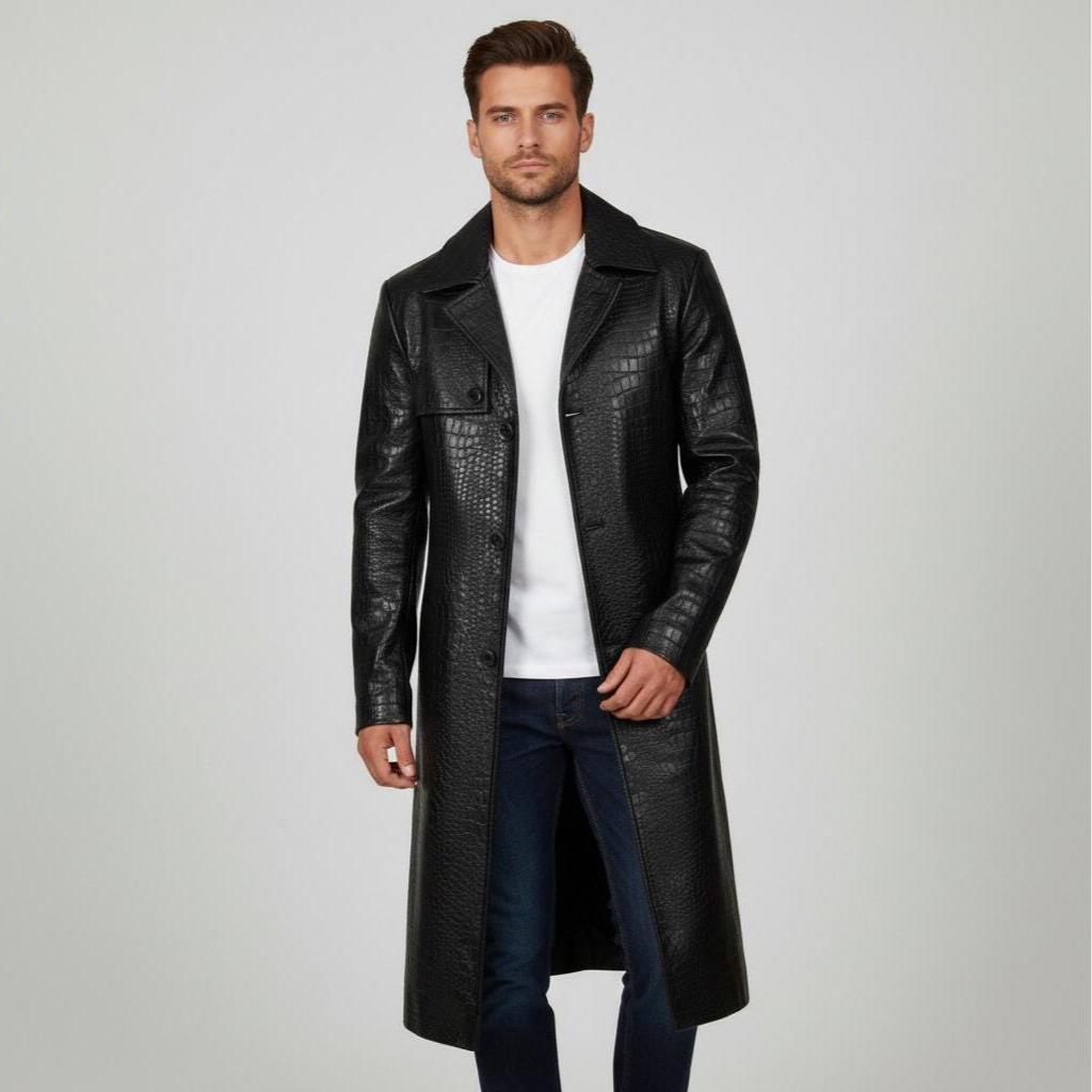 Men's Black Crocodile Faux Leather Trench Coat: Alligator Style - Etsy