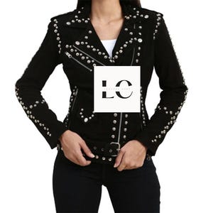 Women&#39;s Black Suede Studded Punk Jacket: Silver Spiked Leather
