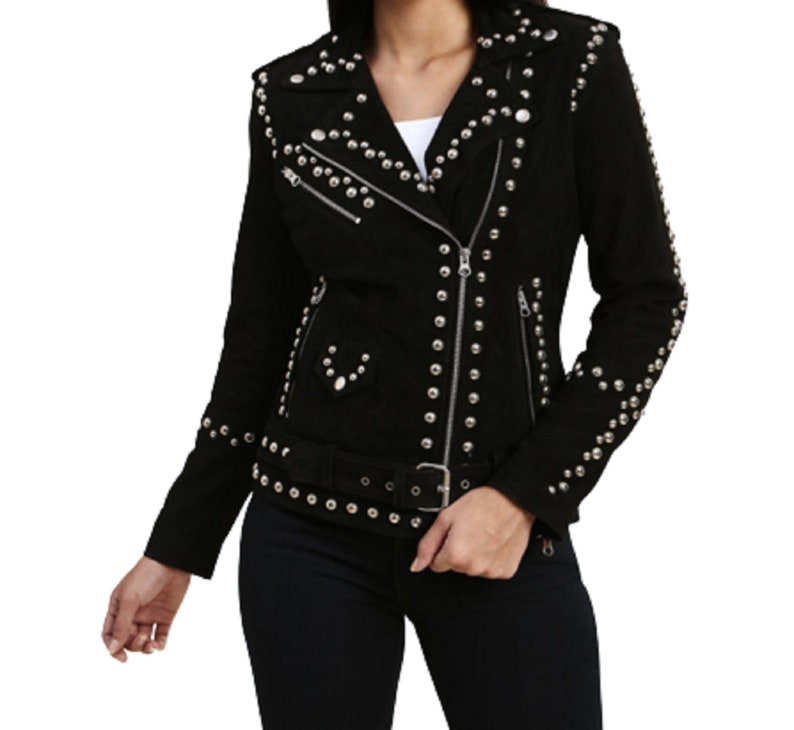 Suede Studded Jacket/ Women Black Suede Punk Silver Long Spiked Leather