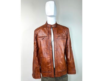 Chaqueta de motociclista vintage de cuero hecha a mano, marrón antiguo con acolchado de rombos