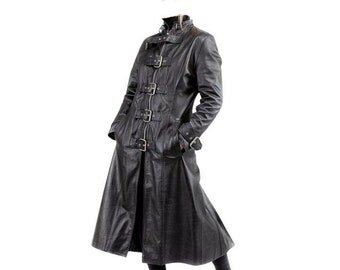 Handmade Black Leather Duster Coat: Gothic Punk Trench Overcoat