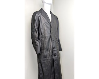Men's Full-Length Sheepskin Trench Coat: Handmade Black Leather Overcoat