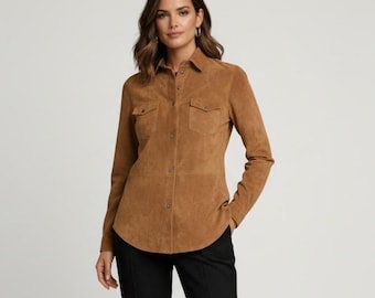 Brown Suede Leather Shirt Jacket - Women's Western Style