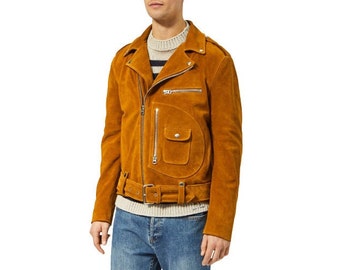 Suede Biker Jacket/ Tan Brown Leather Jacket/Handmade Leather Biker Jacket/ Gift For Him/