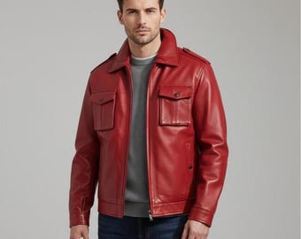 Red Leather Slim Fit Moto Jacket For Men