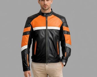 Handmade Black & Orange Leather Biker Jacket: Custom Motorcycle