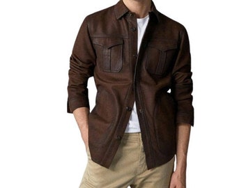 Suede Leather Jacket / Brown Suede Shirt Jacket / Motorcycle Jacket Men/ Gift For Him/