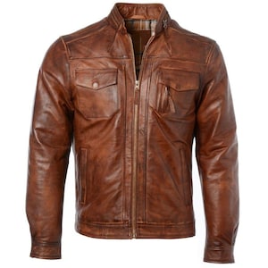 Men&#39;s Brown Café Racer Leather Jacket/ Vintage Distressed Leather Biker Jacket/ Handmade Motorcycle Jacket/