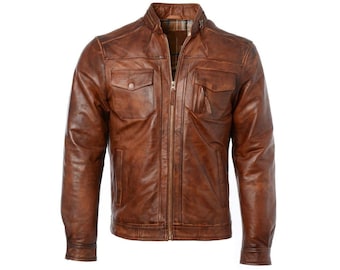 Men's Brown Distressed Leather Cafe Racer Biker Jacket