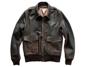 Men's A2 Bomber Jacket/ Black Distressed Flight Leather Leather Jacket/ Bomber Jacket Men/