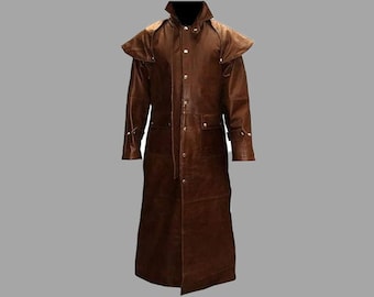 Handmade Long Length Leather Duster Coat/ Men&#39;s Gothic Steampunk Trench Cowboy Coat/