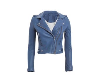 Women's Blue Leather Motorcycle Jacket: Fitted Crop Biker Jacket
