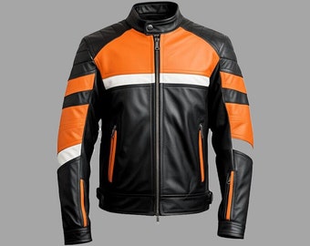 Handmade Black Leather Biker Jacket/ Custom Orange Black Motorbike Jacket For Men/ Riding Jacket