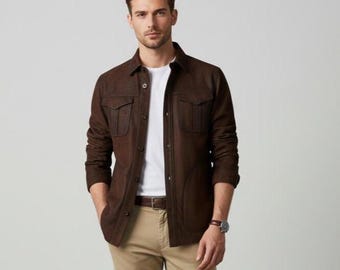 Brown Suede Leather Shirt Jacket - Motorcycle Style