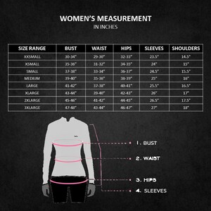 May include: A size chart for women's measurements in inches. The chart includes bust, waist, hips, sleeves, and shoulders measurements for sizes XXS to 3XL. The image also includes a diagram illustrating where to measure.