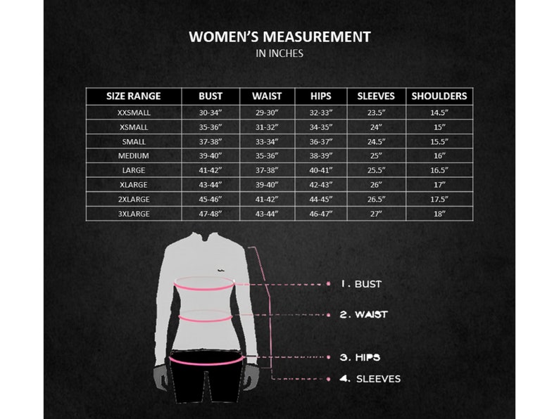 May include: A size chart for women's measurements in inches. The chart includes bust, waist, hips, sleeves, and shoulders measurements for sizes XXS to 3XL. The image also includes a diagram illustrating where to measure.