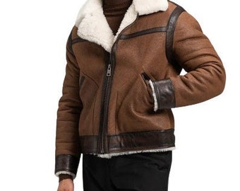 Mens Brown B3 Shearling Flight Jacket Sheepskin Coat/ Handmade Aviator Shearling Leather Jacket/ Winter Jacket/