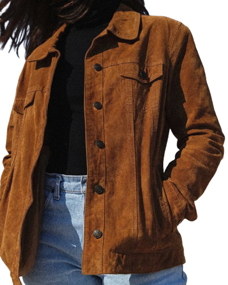 Women Suede Trucker Jacket/ Brown Suede Jacket Women/ Suede Western Jacket/ Cowgirl Jacket/ image 2