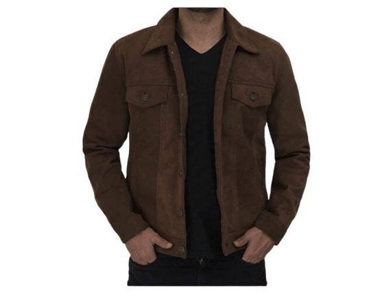 Brown Suede Trucker Jacket Men's Leather Jacket - Etsy