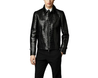 Men's Black Faux Crocodile Leather Motorcycle Jacket