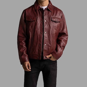 Trucker Leather Jacket/ Red Slim Fit Waxed Leather Trucker Men/ Christmas Gift/