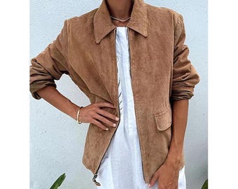 Handmade Tan Suede Bomber Jacket | Women's Vintage Shirt Collar Leather Coat