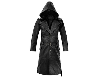 Herren Schwarz Leder Cosplay Trenchcoat: Handgemachter Steampunk Halloween Mantel
