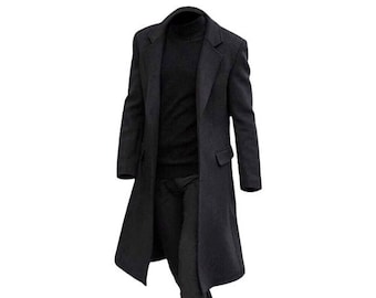 Men's Wool Overcoat/ Black Full Length Wool Coat/ Longline Winter Wool Coat/