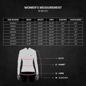 May include: A chart showing women's clothing size measurements in inches. The chart includes size range, bust, waist, hips, sleeves, and shoulders.