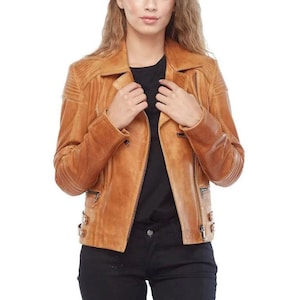 Tan Trucker Leather Jacket/ Handmade Distressed Leather Biker Jacket Women/